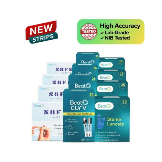 BeatO CURV Blood Glucose Test Strips & Lancets with SafeWipe alcohol Swabs
